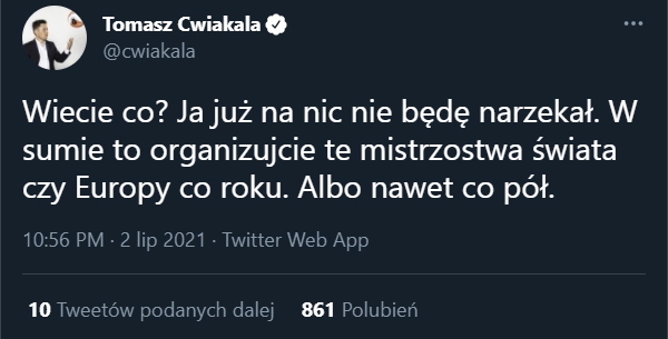 TWEET Tomasza Ćwiąkały po meczu Belgia - Włochy!